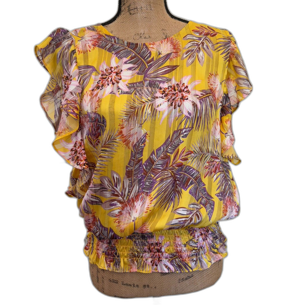 Pleione Flutter Sleeve Blouson Top Yellow Metallic Floral Spring Size Large